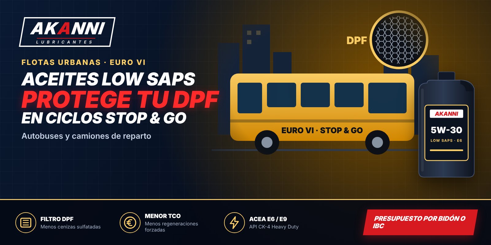 Aceites Low SAPS para autobuses y flotas urbanas: Protección de filtros DPF en ciclos Stop & Go
